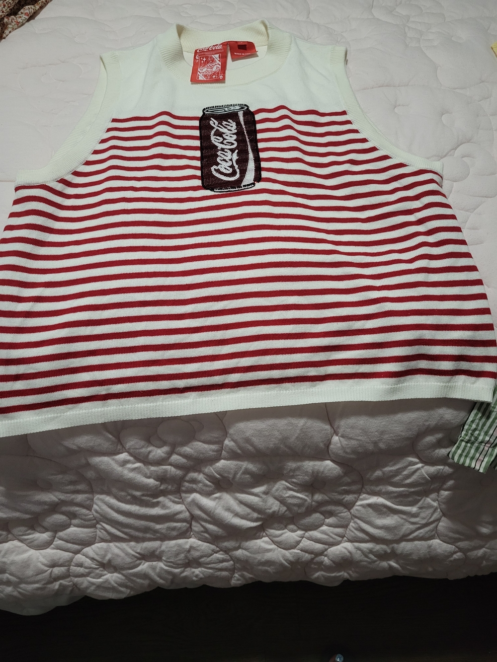 Queen Of Sparkles Coca Cola Red & White Striped Sleeveless Knit Crop Tank